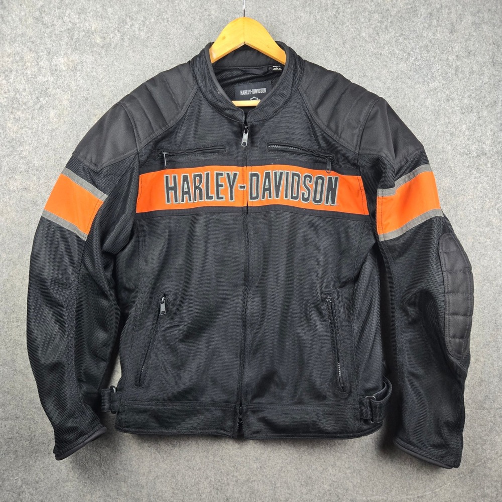 Harley Davidson Mesh Riding Jacket Mens Large Black Orange Padded Biker